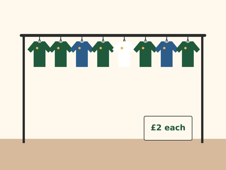 Illustration of a rail of green and blue school jumpers with a £2 sign