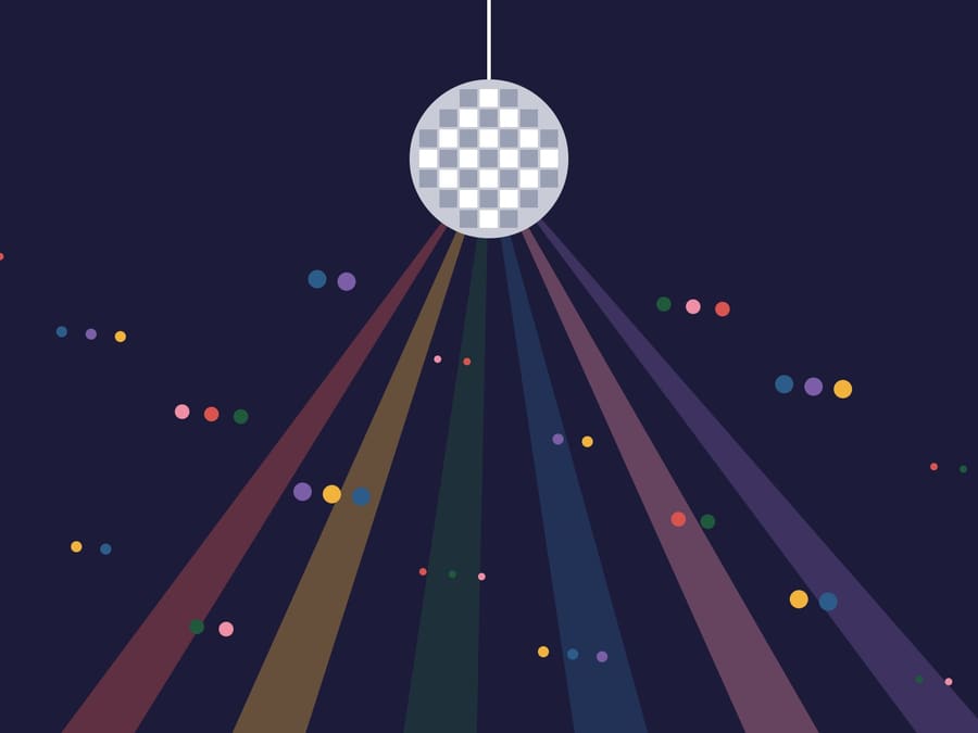 Illustration of a glitter ball over a dark dance floor