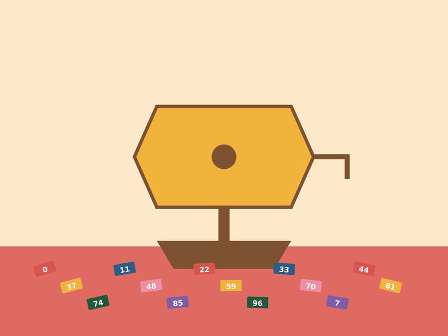 Illustration of a tombola drum and numbered tickets